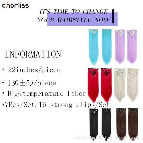 Wholesale 22inch Cheap Blue Ombre Long Silky Straight 7Pcs 16 Clips Heat Resistant Synthetic Clip In Hair Extension For Women
